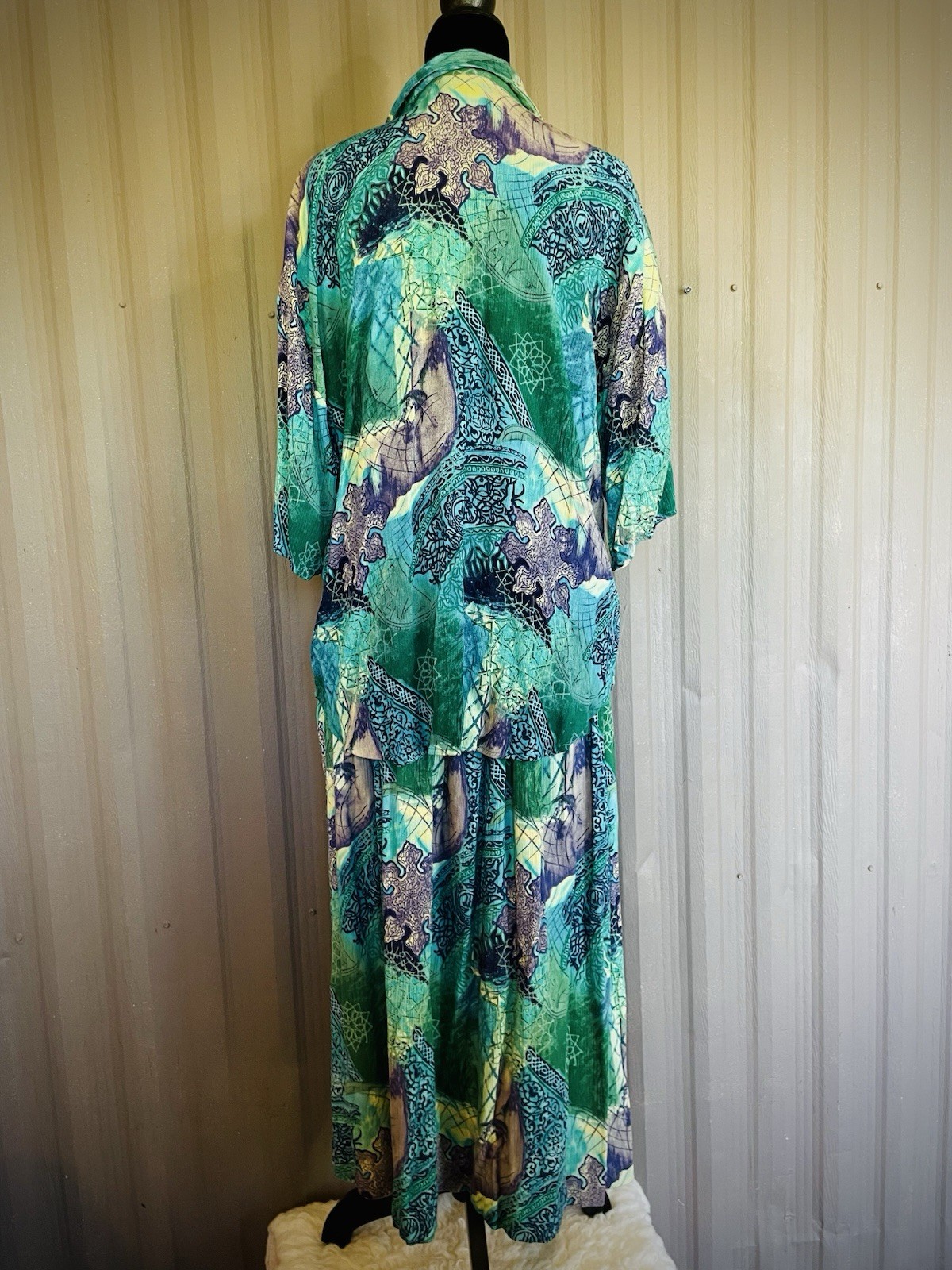 VTG 90’s Natalie 2 Piece Skirt Blouse Set Rayon Midi Mandalas Pleated Pockets L