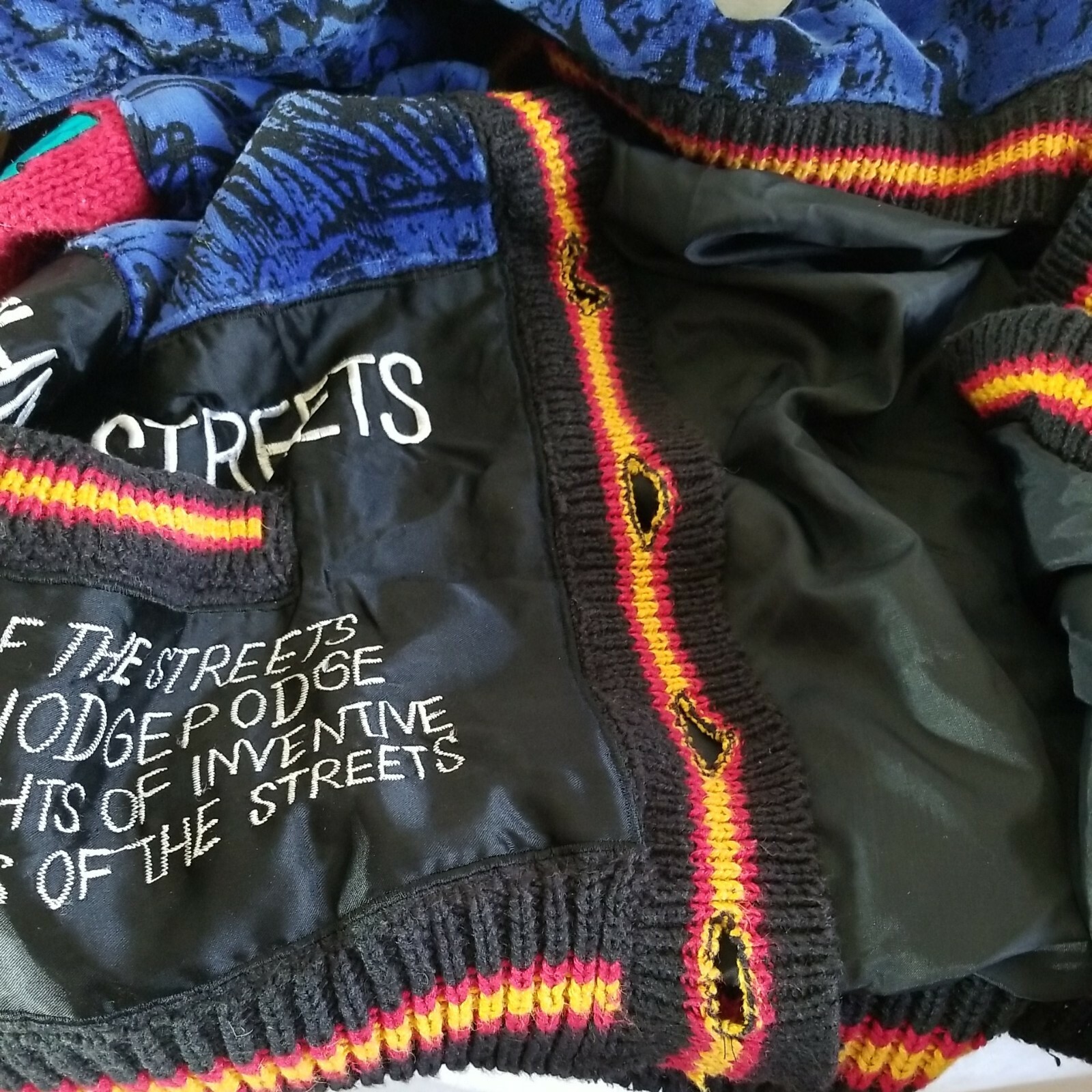 No! Jean Sweater 1990 CRAFTCORE PopArt Ethnic Street Patchwork Embroidered Knit