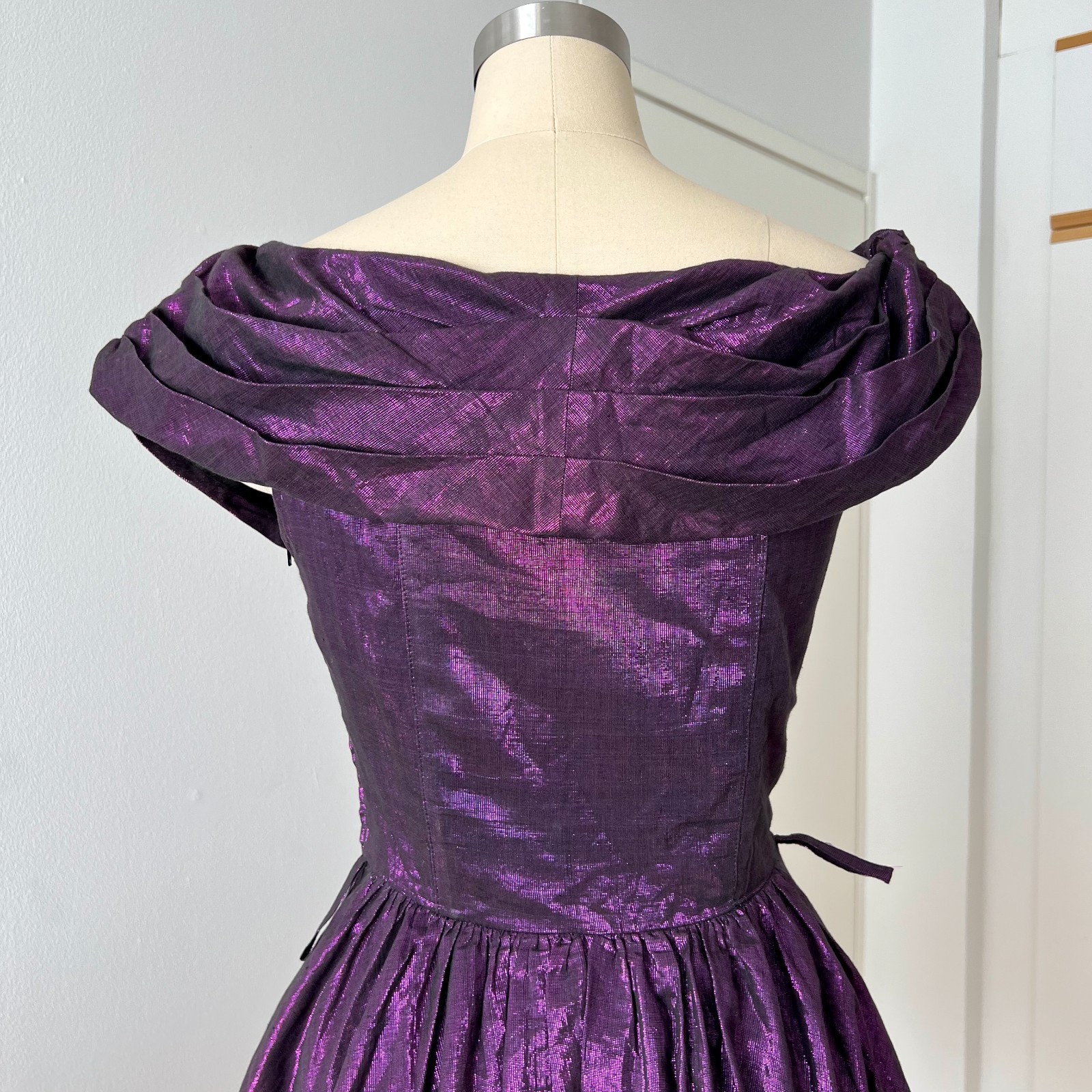 1980s Purple Off Shoulder Cocktail Party Dress Cotton Blend Aline Midi Retro 36