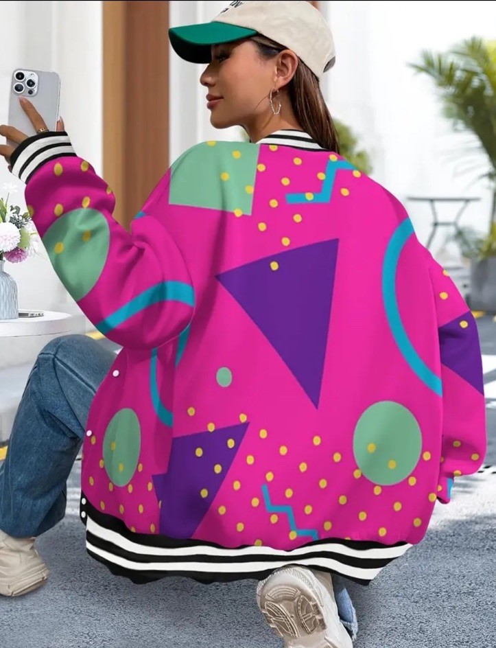 NWT Woman’s Pink Retro Baseball Jacket 80’s, 90’s Vibrant Colors Size Small