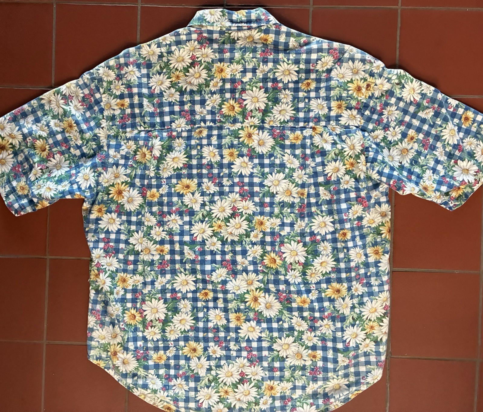 Vintage 80s Andrew McMullan Gingham Daisy Print Button Up Short Sleeve M USA
