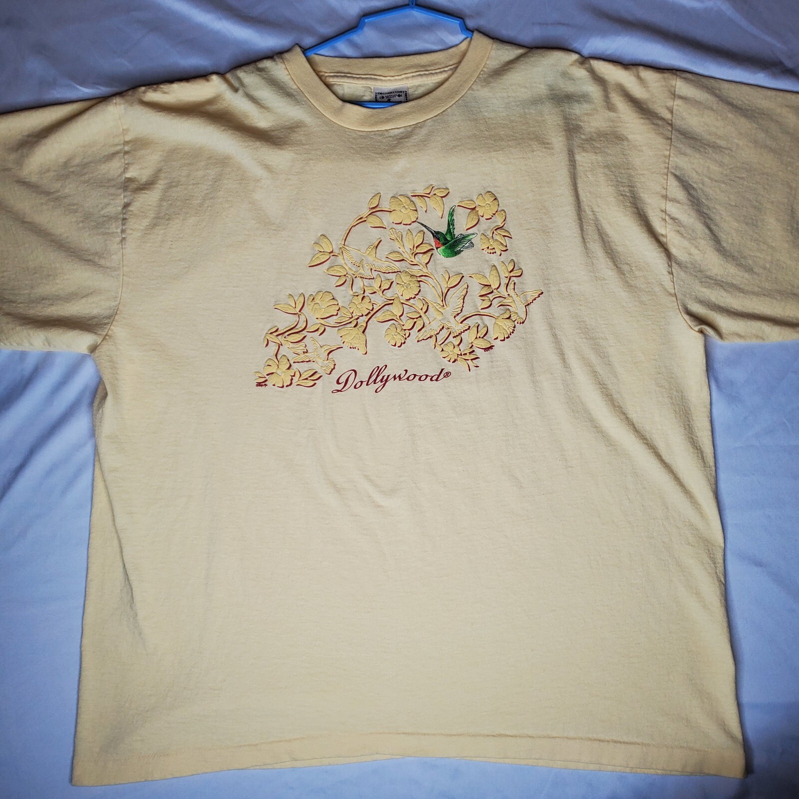 1996 Dollywood T-shirt 3D Flowers Birds Women XXL 25.5×29.5 Yellow USA Vtg ALORE