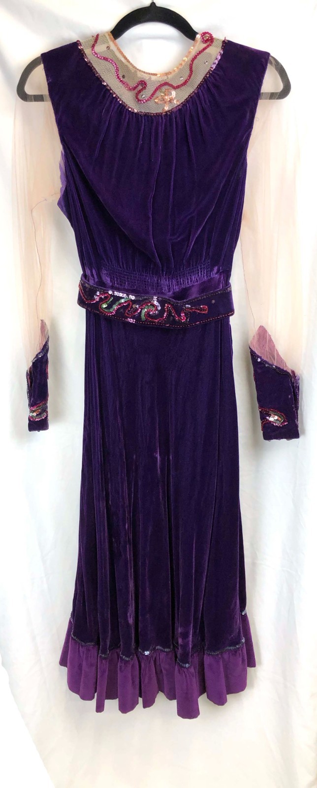 1910’s 1920’s 1930’s Purple Velvet Midi Dress with Sequins, Mesh Sleeves