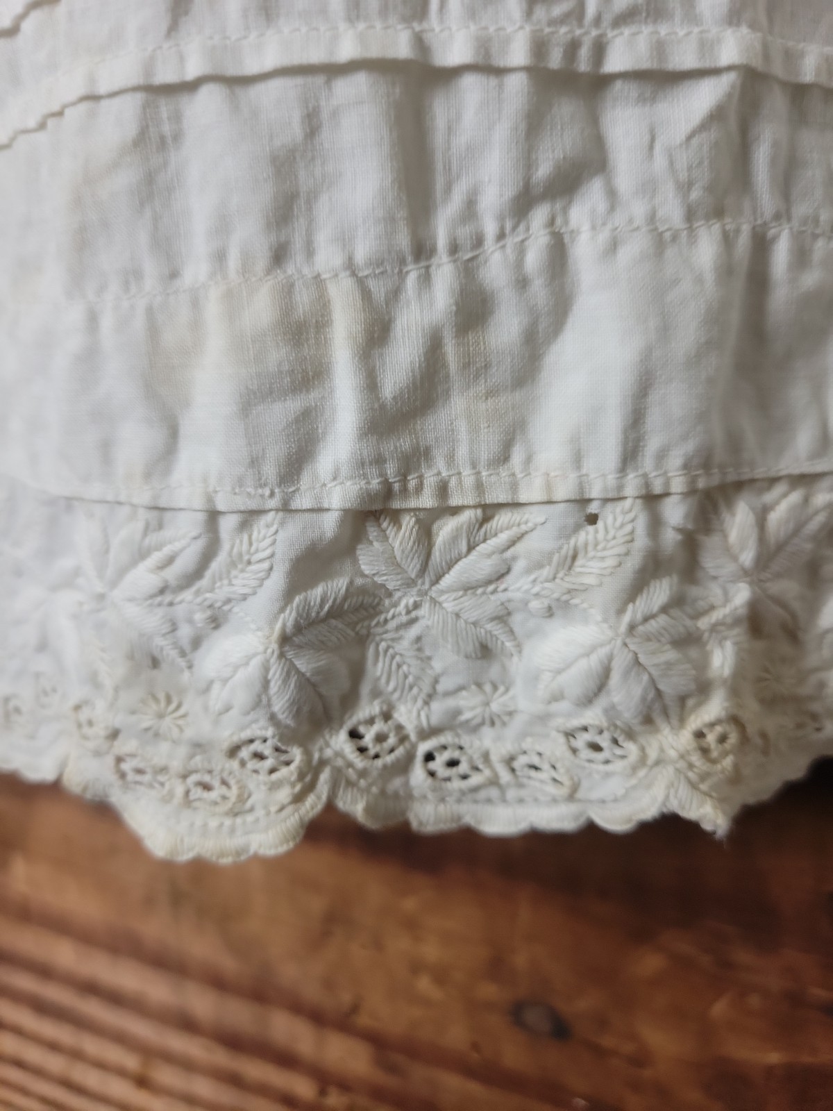 Vintage Antique Tiered Cotton Muslin Slip Skirt Pin Tucks Embroidered Lace
