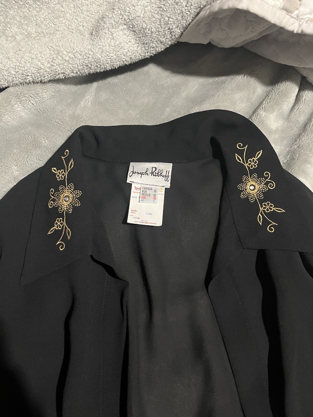 Vintage Joseph Ribkoff Black Sheer Collared Cardigan W/gold Embroidery Size 10