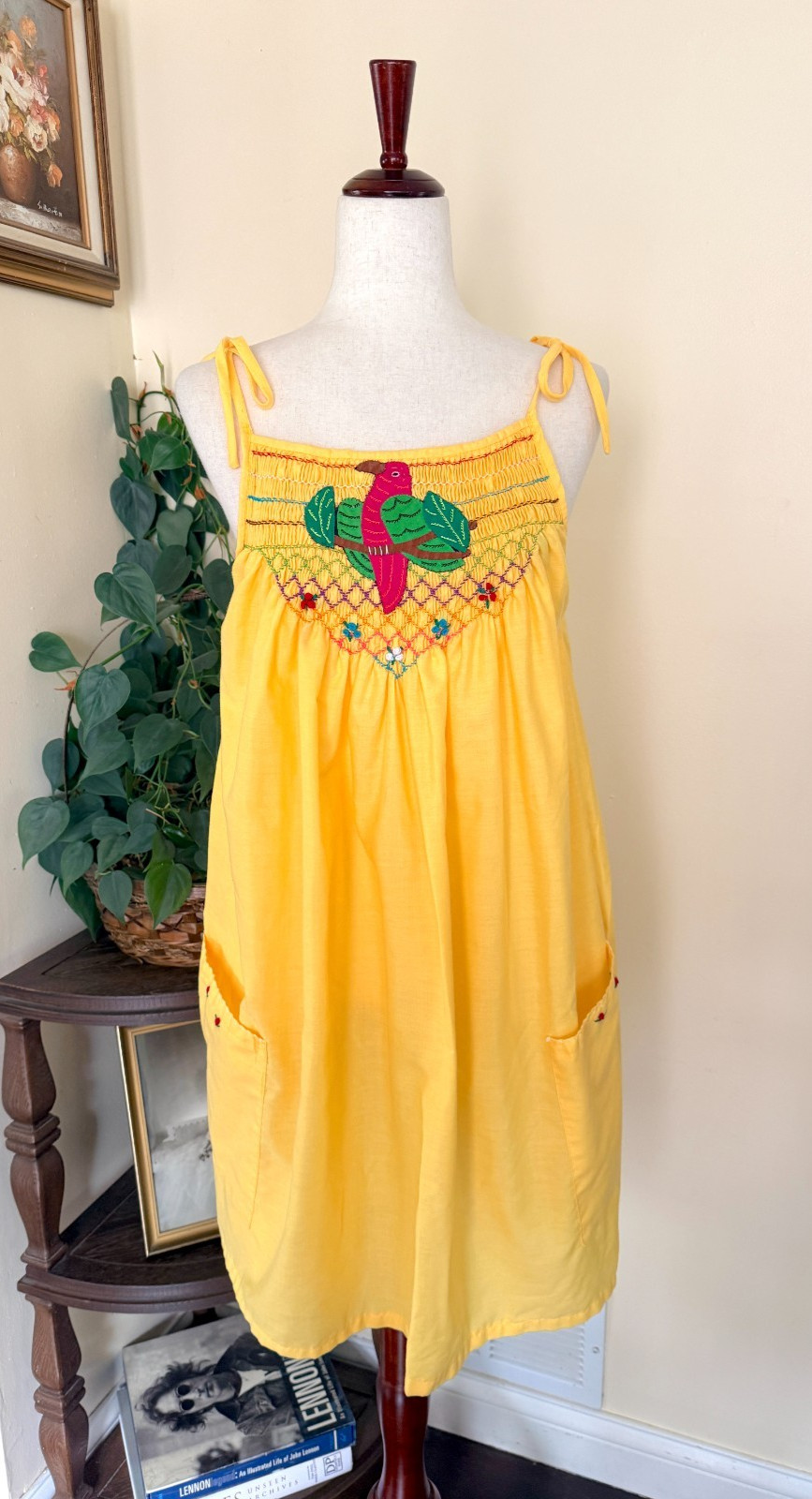 Handmade Artisan Mexican Style Embroidered Bird Smocked Sundress Tie Sleeves