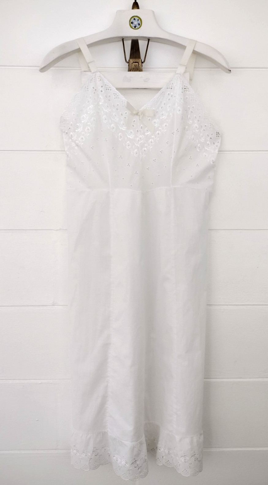 Vtg 50s Stones Wear Full Slip Dress White Cotton Eyelet Floral Lace Ruffle 38avg