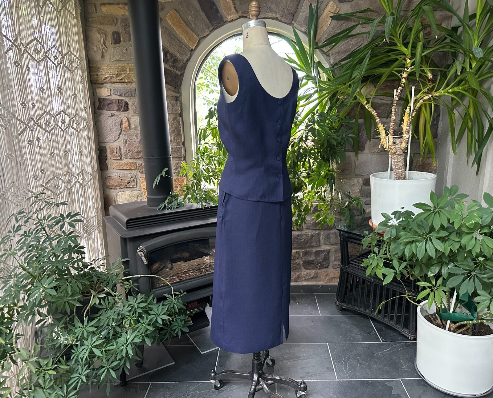 Vintage 1950s Nelly de Grab Navy Blue Textured Linen Look Rayon Skirt Suit Set