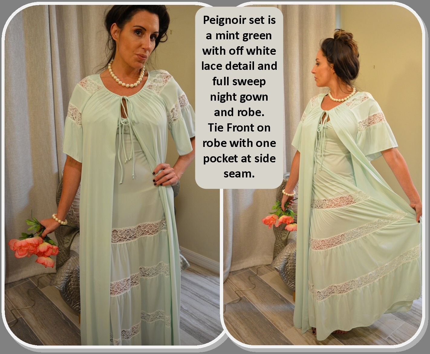 UNWORN Shadowline Mint Green Peignoir Set, Robe, Nightgown, White Lace, Full Swe