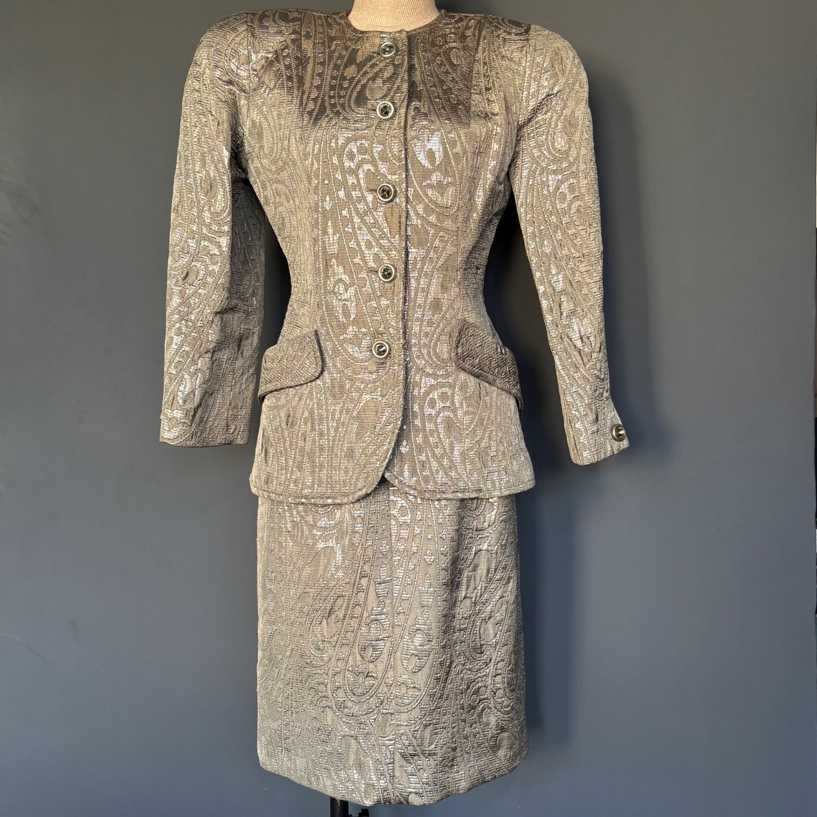 Victor Costa Brocade Skirt Suit | Metallic Paisley | Sz 10 | Vintage 1980s