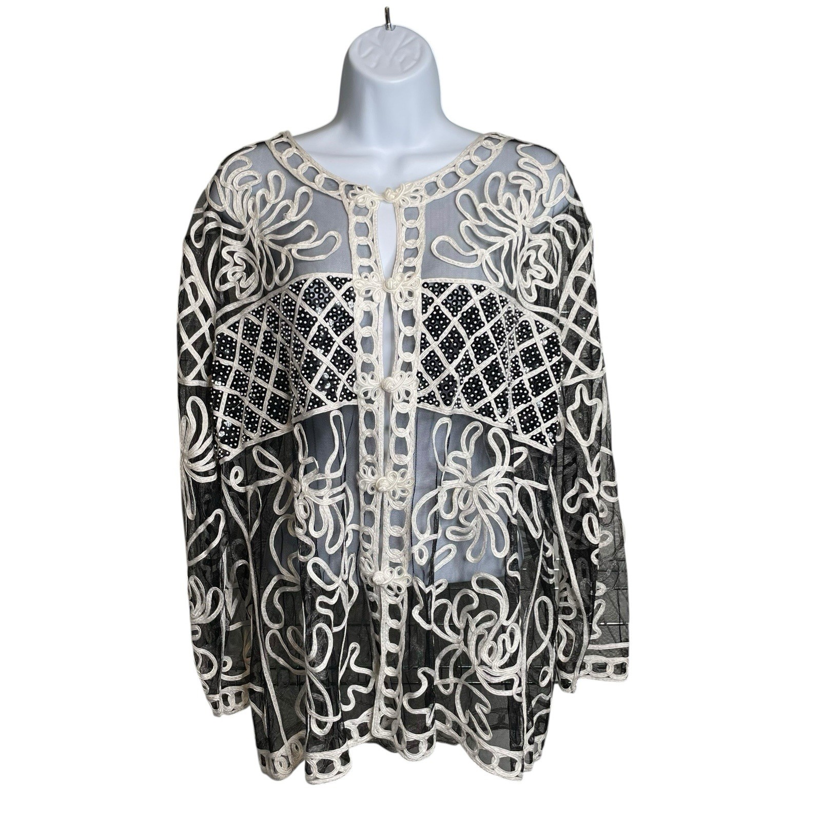 VTG 80s Celsa Black White Lattice Patchwork Jacket Top Est. Size 2X Art To Wear