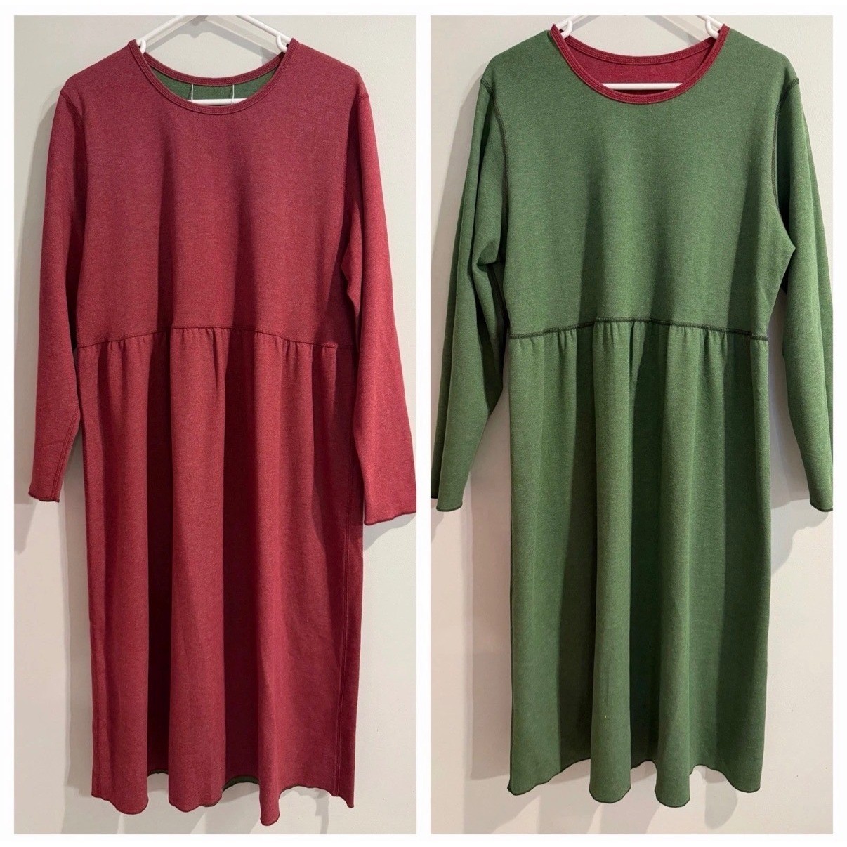 Vermont Country Store Comfort Knit Reversible Dress Burgundy Green Sz XS