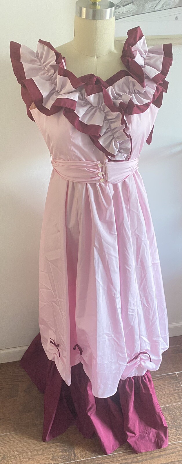JC Penney Dress Light Pink, Deep Burgundy & Slip Southern Size 9/10 Ruffles Bows