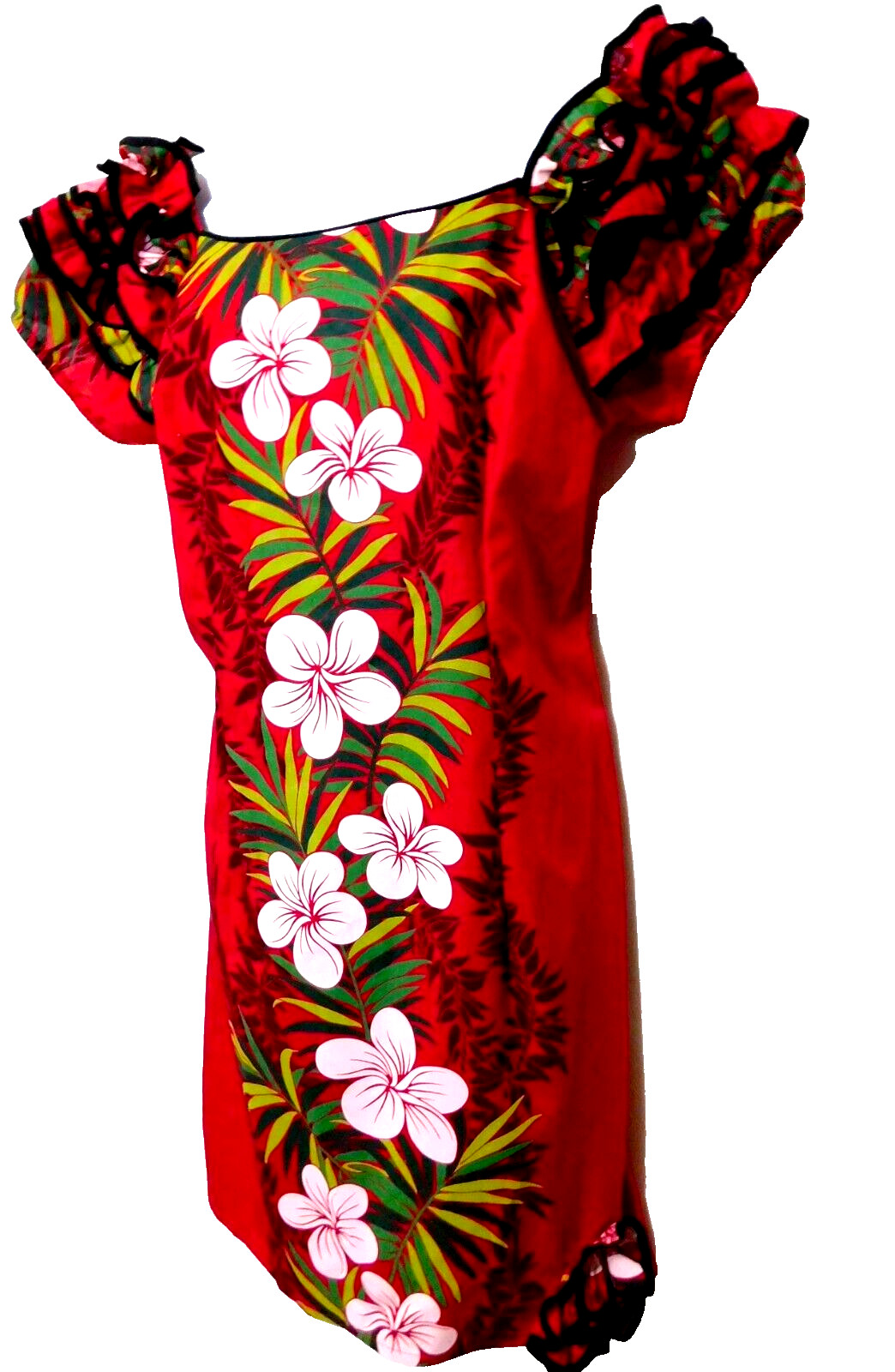 Vintage Royal Hawaiian Dress M Red Floral 60s 70s Muumuu Ruffle Off Shoulder