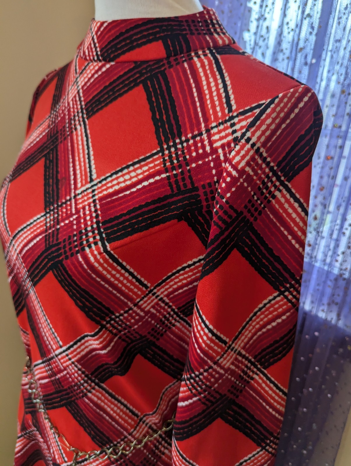 Vintage 70’s Mod Schoolgirl Red Plaid It’s Better Polyester Knit Mini Dress S/M