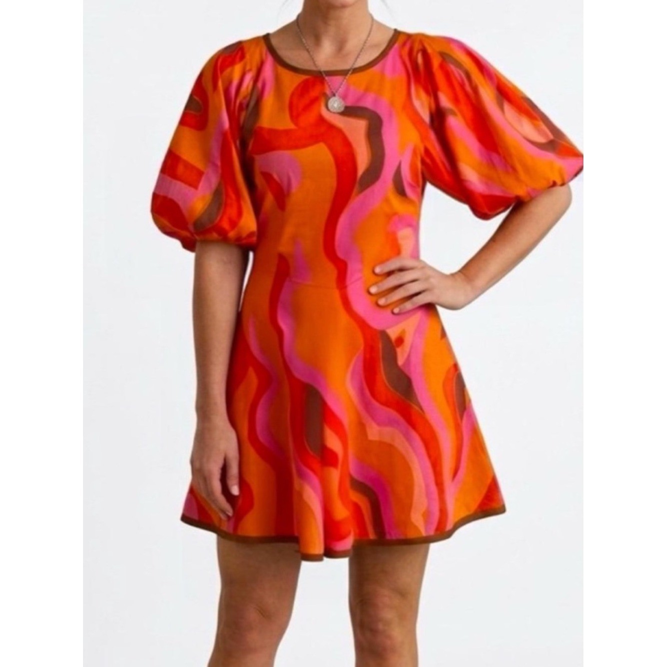 LaRoque Juliette Retro Mini Pocket Dress Puff Sleeves Orange Pink Groovy Medium