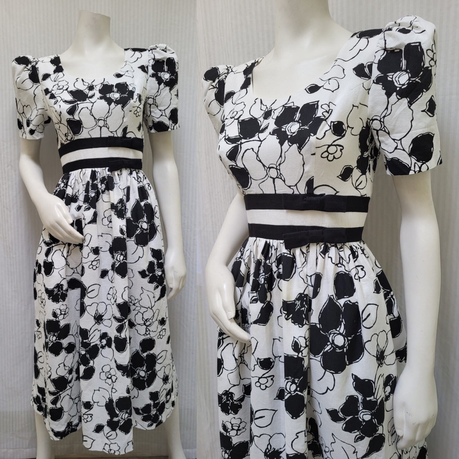 Vintage 80’s Melissa Black & White Floral Puff Sleeve Midi Dress – XS/S – EUC