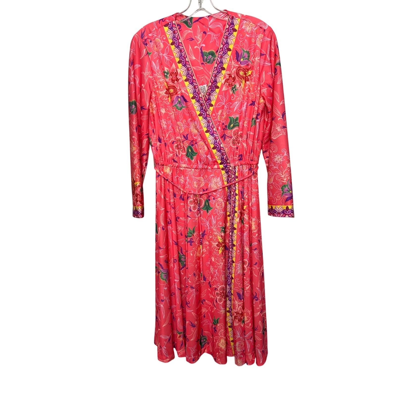 Vintage 70s Pink Floral Faux Wrap Midi Dress Long Sleeve Size 14 BOHO