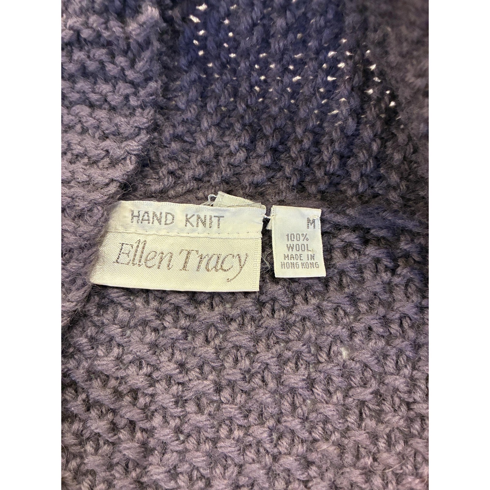 Vintage Hand-Knit Ellen Tracy Wool Cardigan – Taupe Eggplant Short Knit