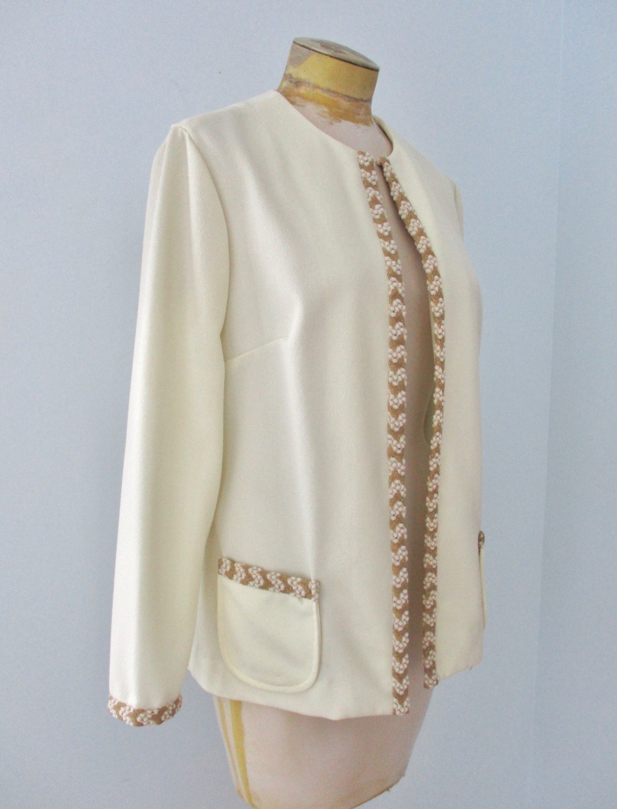 Vtg 60s 70s Cream Sparkly Gold ZigZag Knit 2-Pc Maxi Dress Gown Jacket Suit S/M
