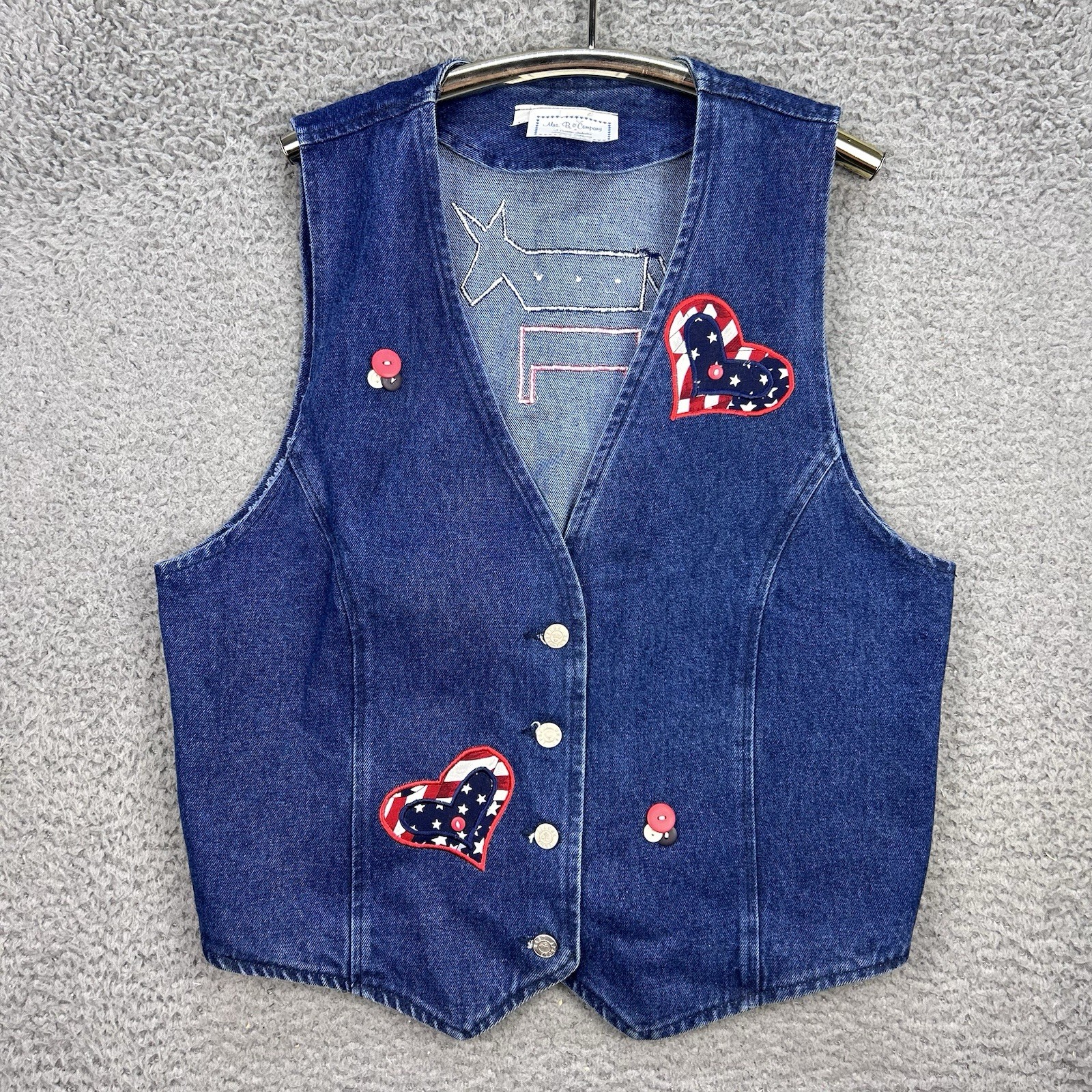 Vintage Patriotic Denim Vest Womens XL Americana Full Button Donkey USA 90s RARE
