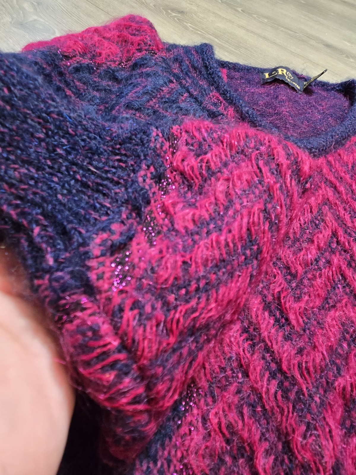 Vintage LeRoy Knitwear Wool Lurex Metallic Pink & Blue MCM Sweater Small Chevron