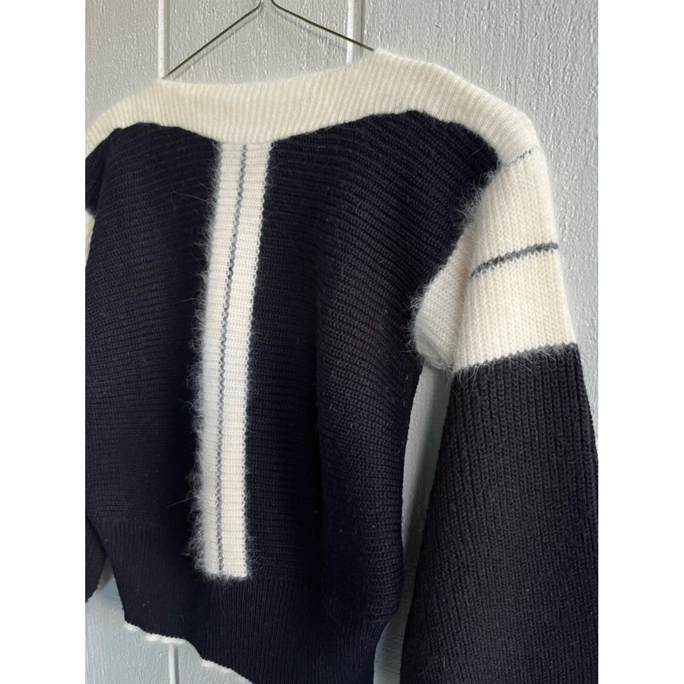 Vintage Angora Blend Knit Sweater Black + Cream Contrast Colorblock Size M