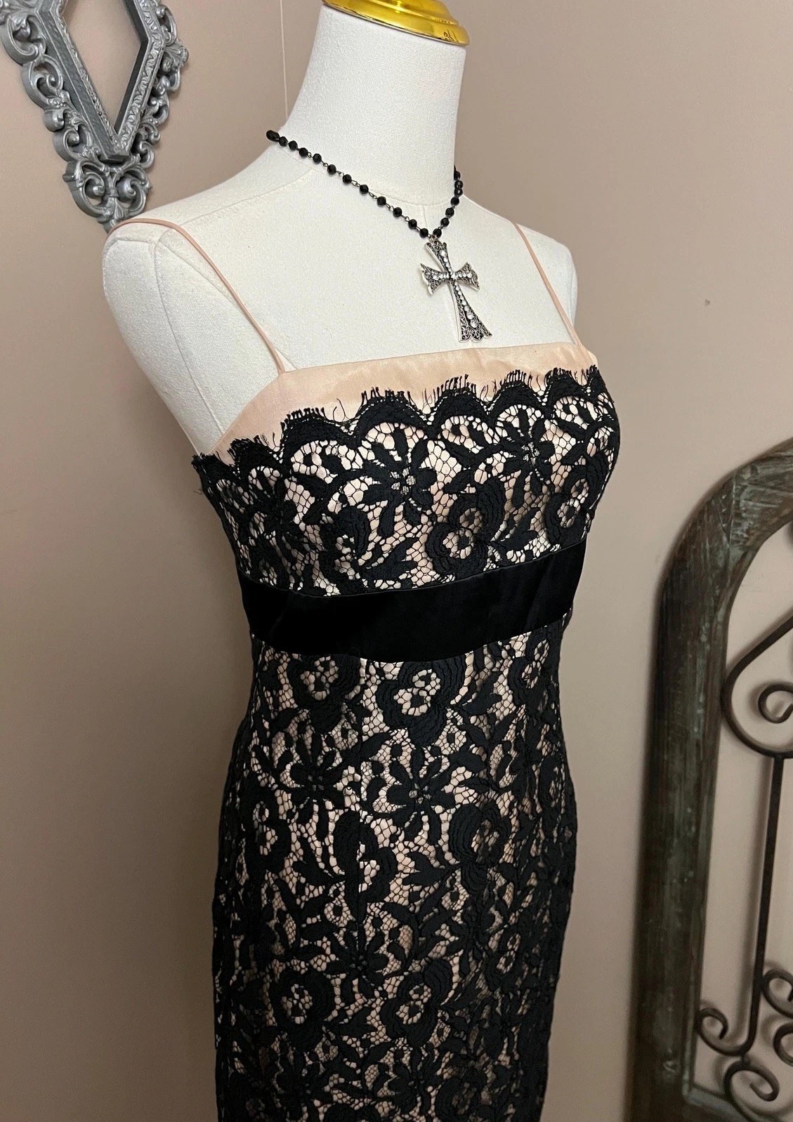Vintage 90s Black Lace Nude Illusion Tank Dress Size S/M Gothic Party Cocktail