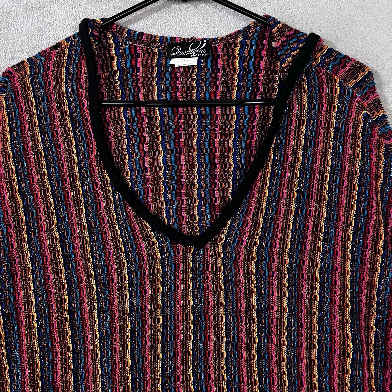 SAY WHAT? CROCHET SHAWL CARDIGAN Women XL HIPPIE Festive Colors Metallic Vtg