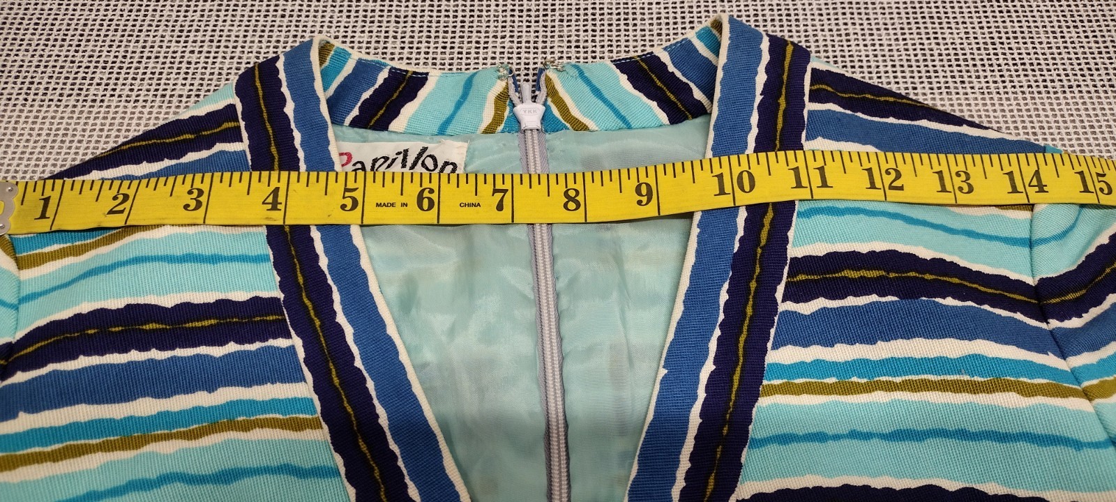 Vintage MCM Papillon Dress Audrey Style Mid Century Stripes Avocado Blue W 24″