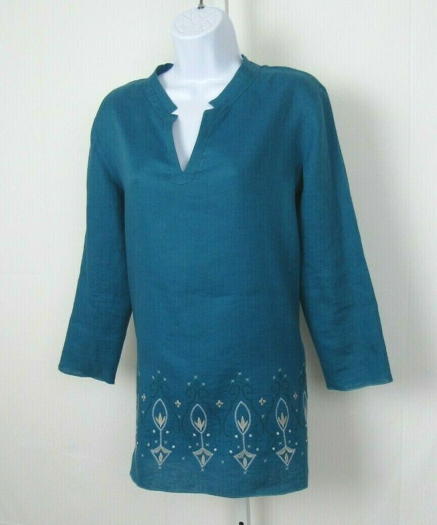 VTG 1980s DANA BUCHMAN TEAL EMBROIDERED LINEN SMOCK TOP & ROPE BELT SIZE 8