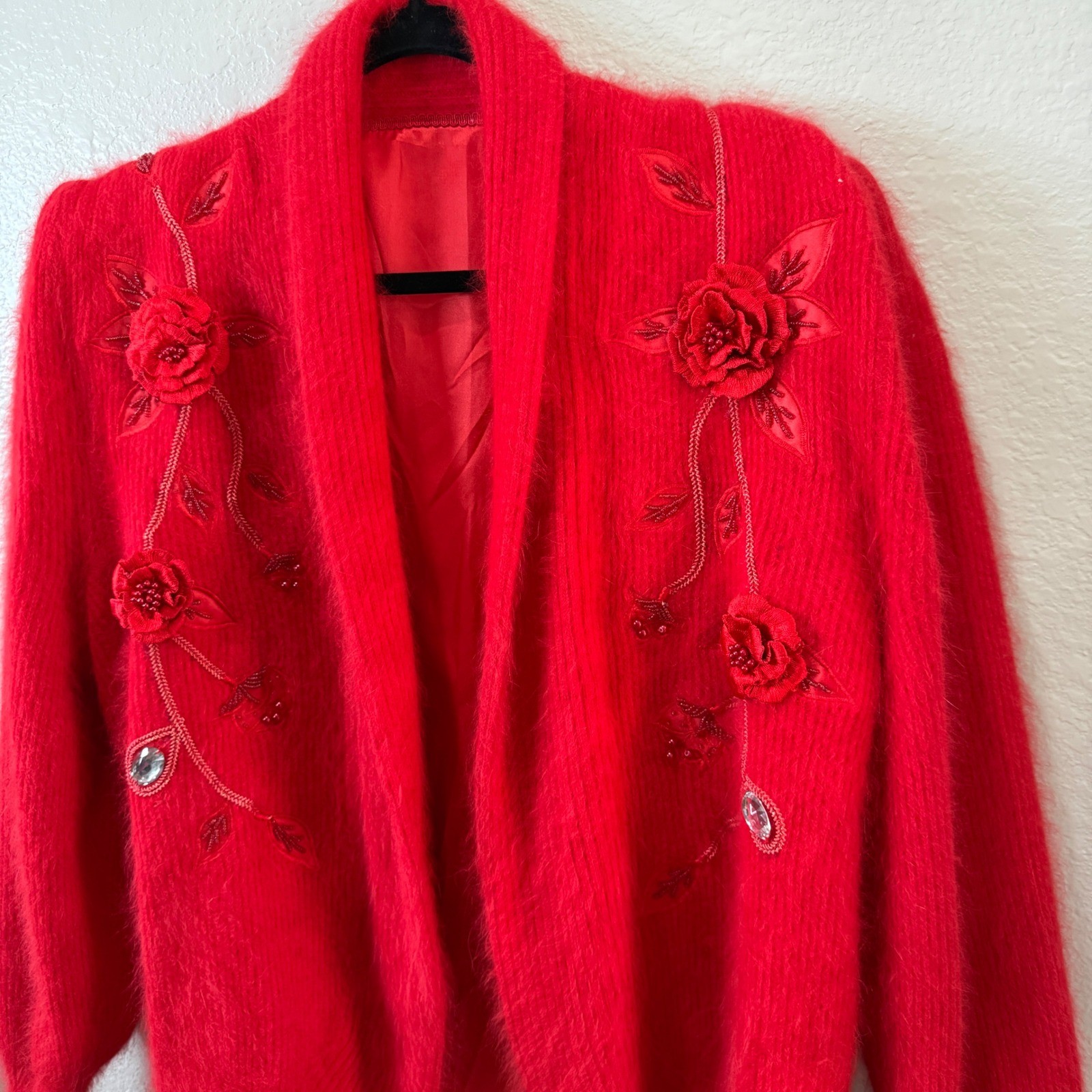 Vintage Red Fuzzy Knit Cardigan 3D Floral Beaded Rhinestone Lined Butter Soft
