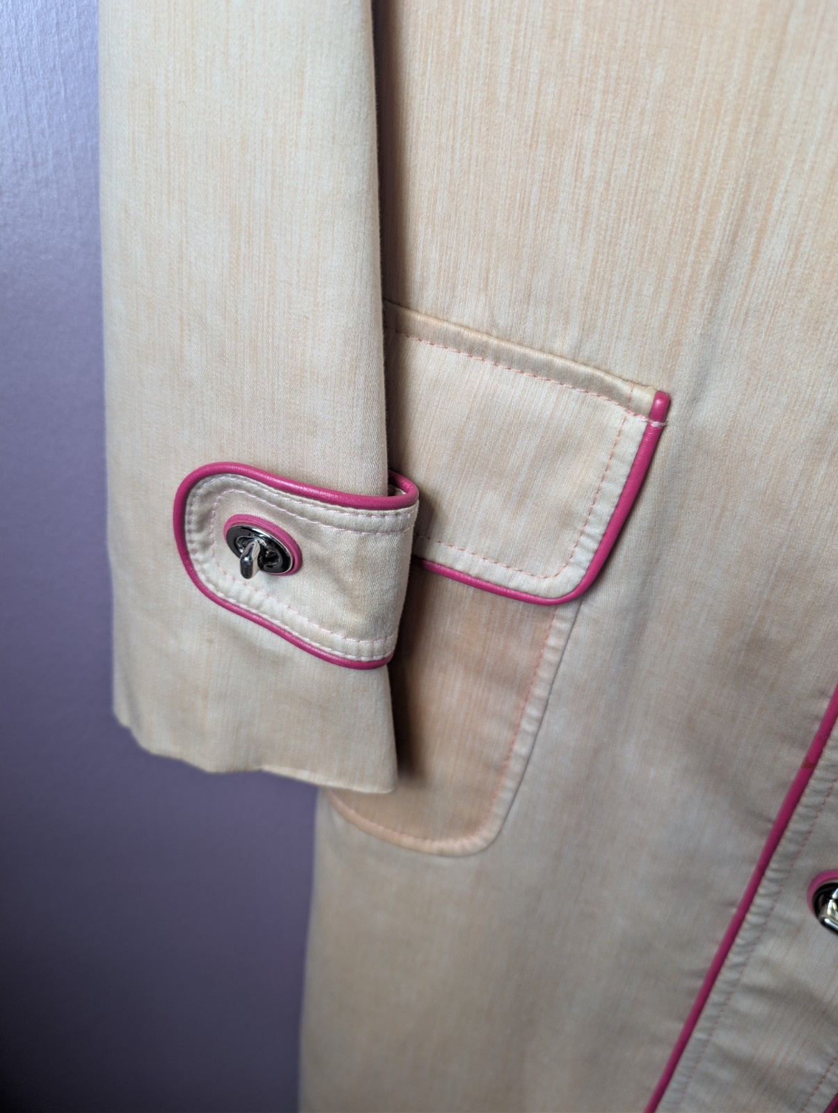 Coach Trench Coat Size 6 Tan Cotton Legacy Polka Dot Multi Lining Pink Trim READ
