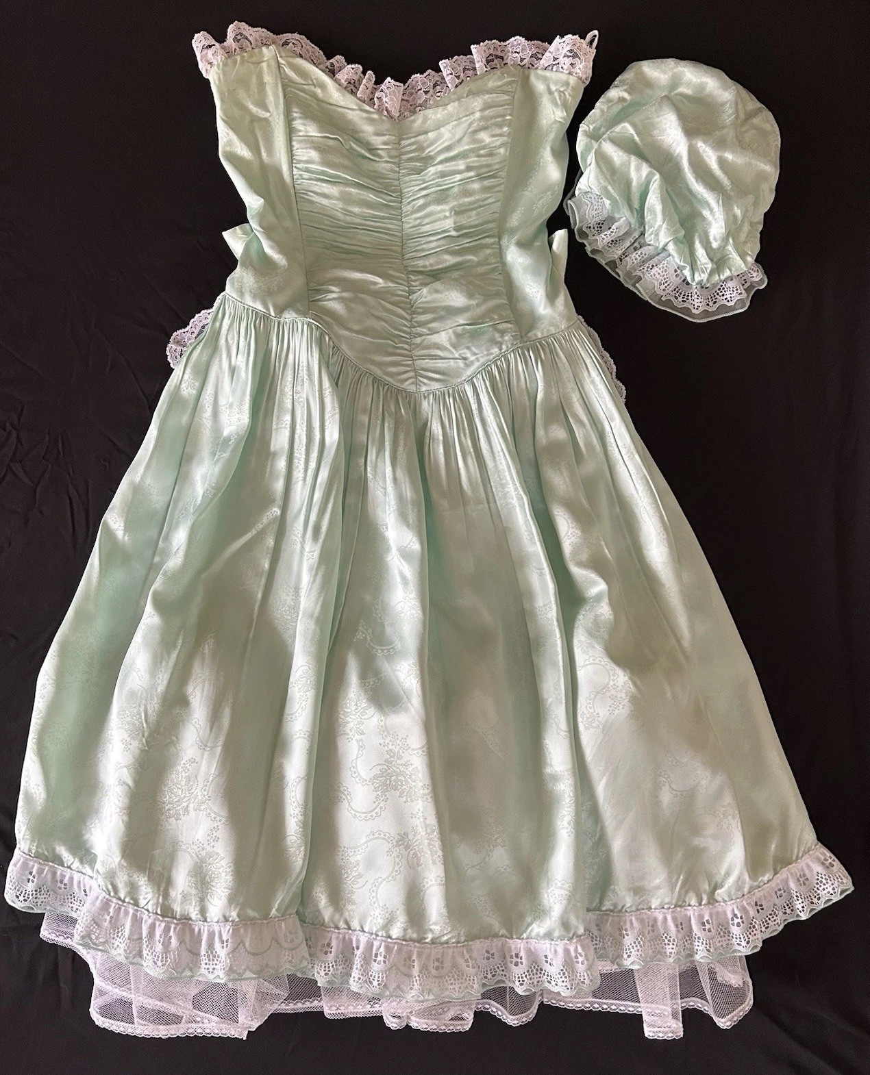 Rare Vintage Gunne Sax by Jessica McClintock Satin Lace Dress & Bonnet Size 11