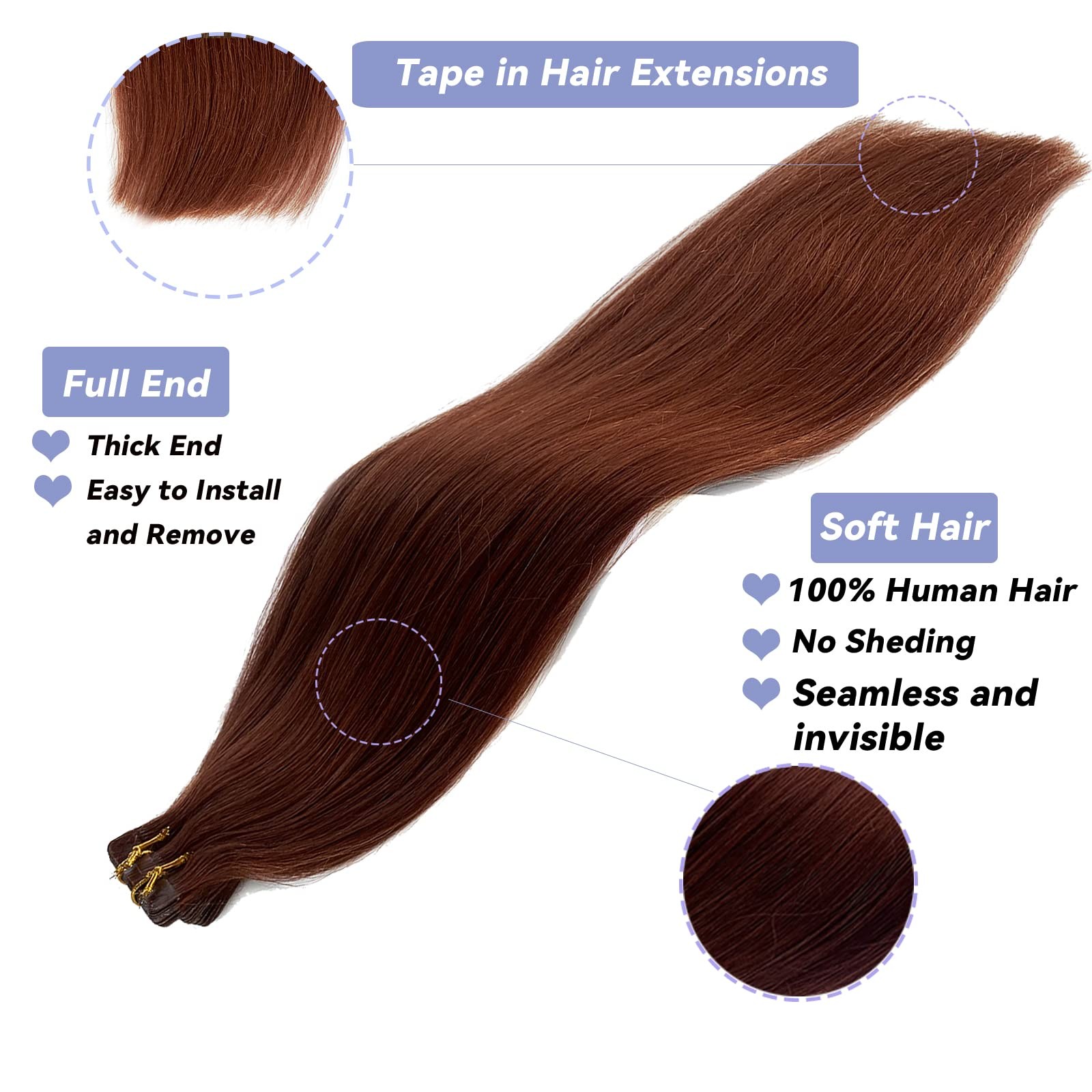 Remy Human Hair Tape-in Extensions #33 Dark Auburn Seamless Skin Weft