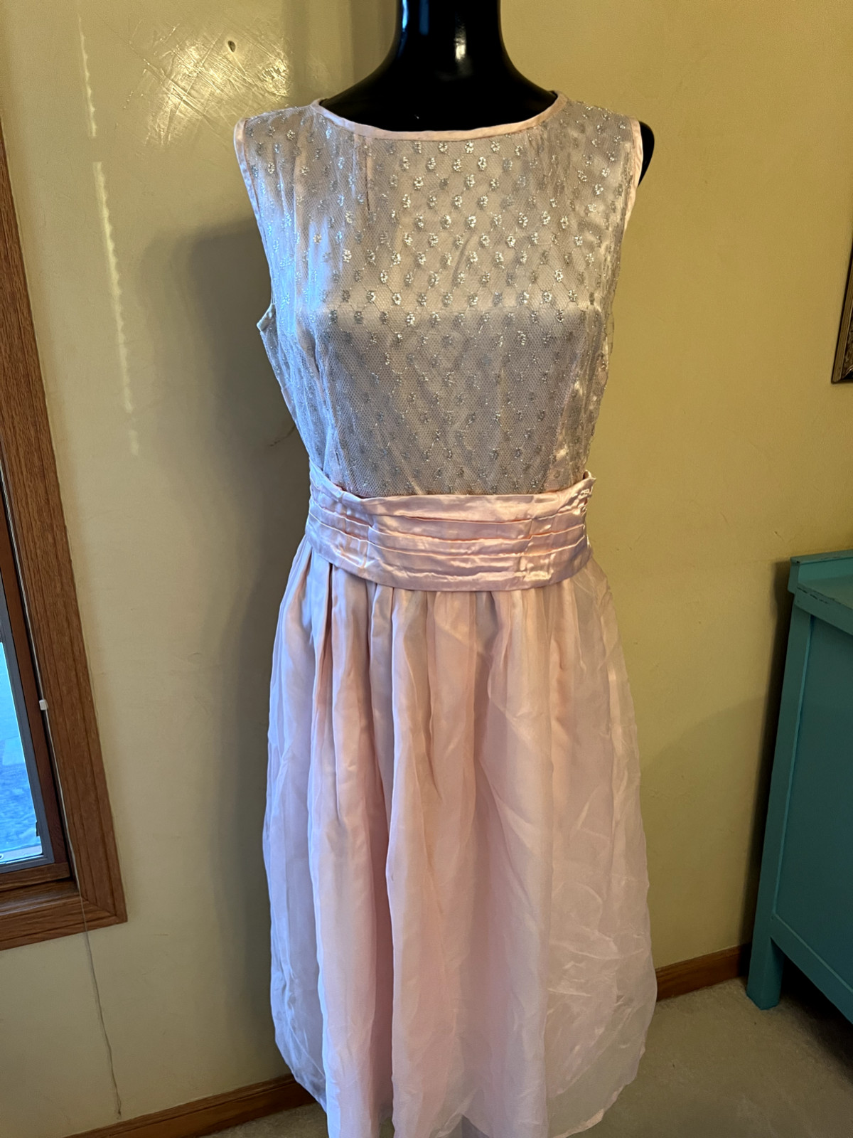 Vintage 50s Pink Prom Party Dress Belted Bows Silver Netting Double Layer