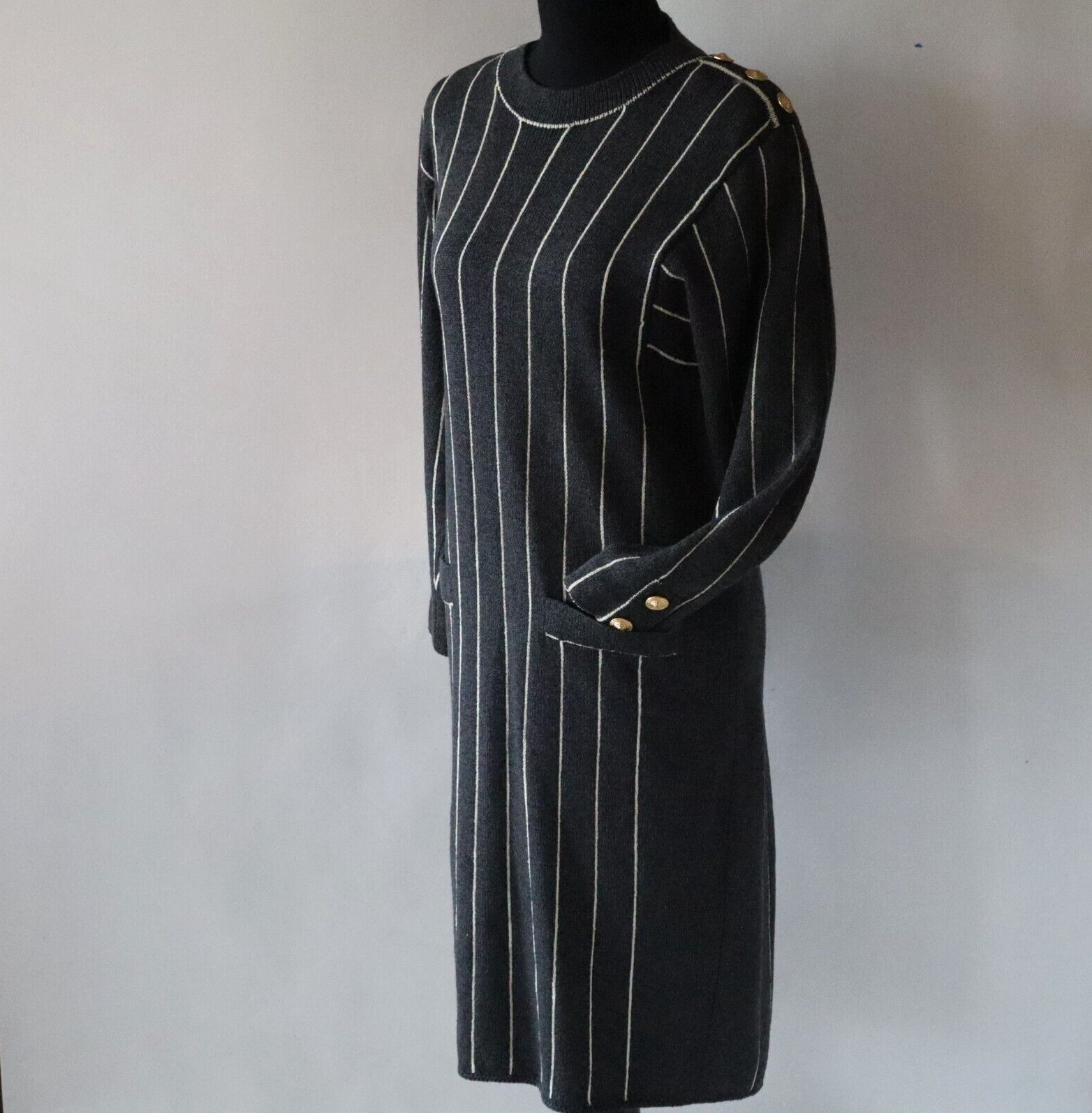 Vtg Don Sayres Wellmore Wool Knit Dress Navy Blue Pinstripe Long Sleeve Sz 10