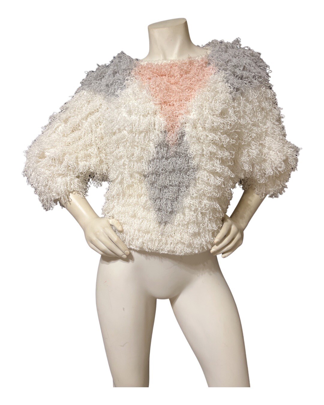 Vintage 80’s Side Effects Shaggy Knit Hand Crochet Sweater Oversized L Geometric
