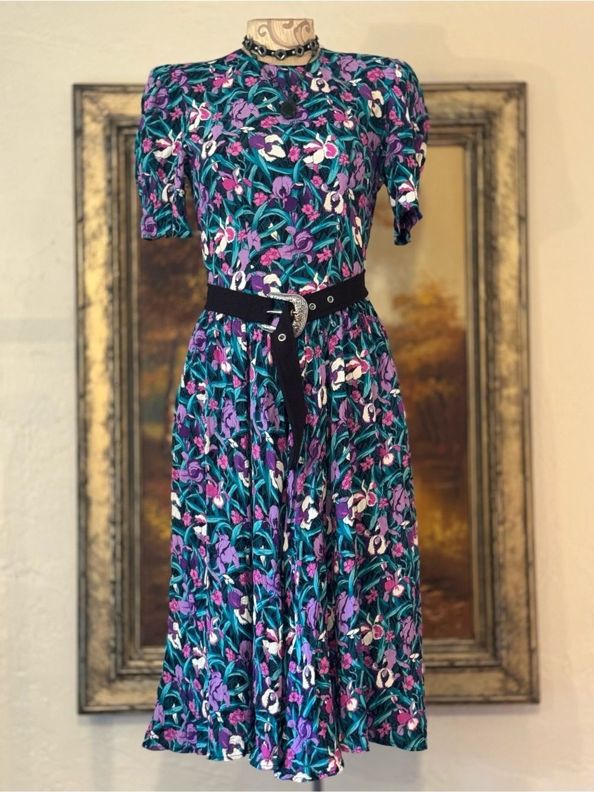 Vintage 80s/90s Floral Princess Puff Sleeve Midi Dress in Teal & Purple – S