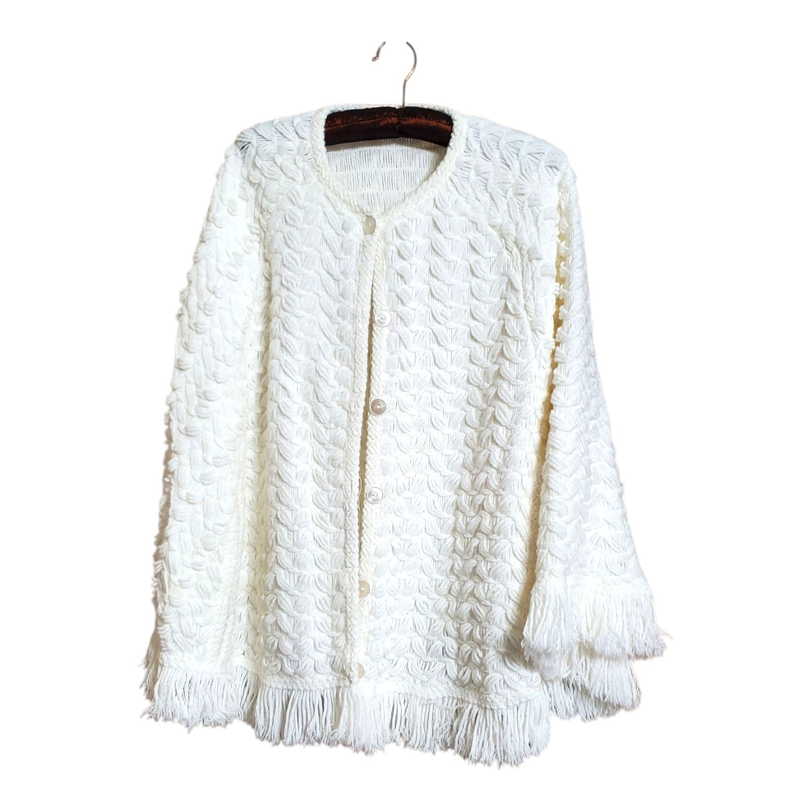 Vtg Fringed Sweater Poncho Cape Women’s OS Acrylic Knit Shawl With Arm Holes