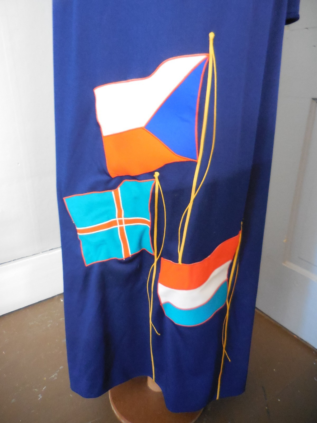 Vintage Concept 70’s Swirl Maxi Dress Long Sleeve Navy Dress with Flags
