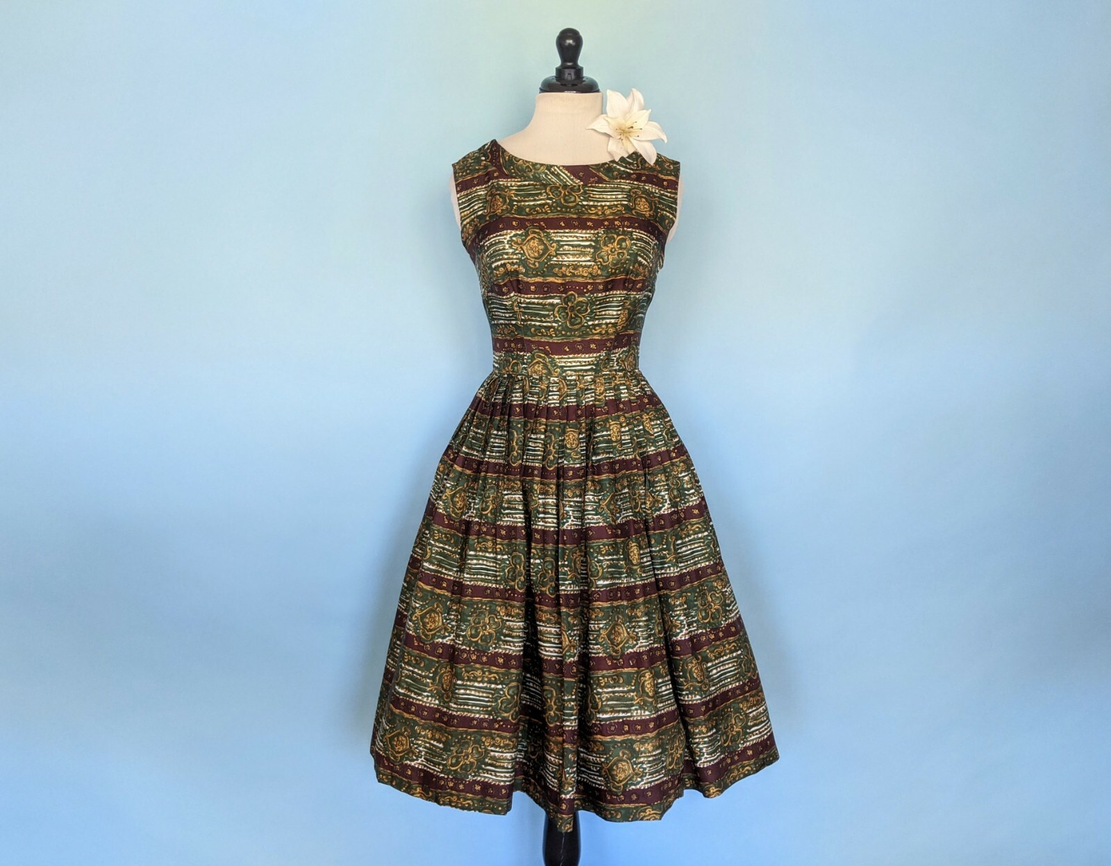 Vintage 50s Novelty Print Silk Day Dress, 1950s Striped Party Dress