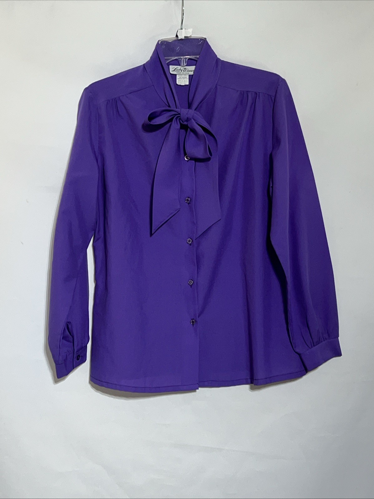 Vintage 70’s Lucky Winner Blouse Pussy Bow Purple Size 16 Business Casual