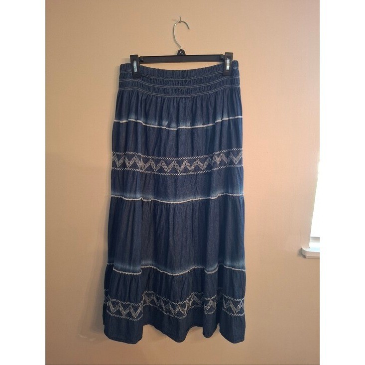 Denim Blue Tiered Boho Western Cottagecore Festival Embroidered Midi Skirt Large