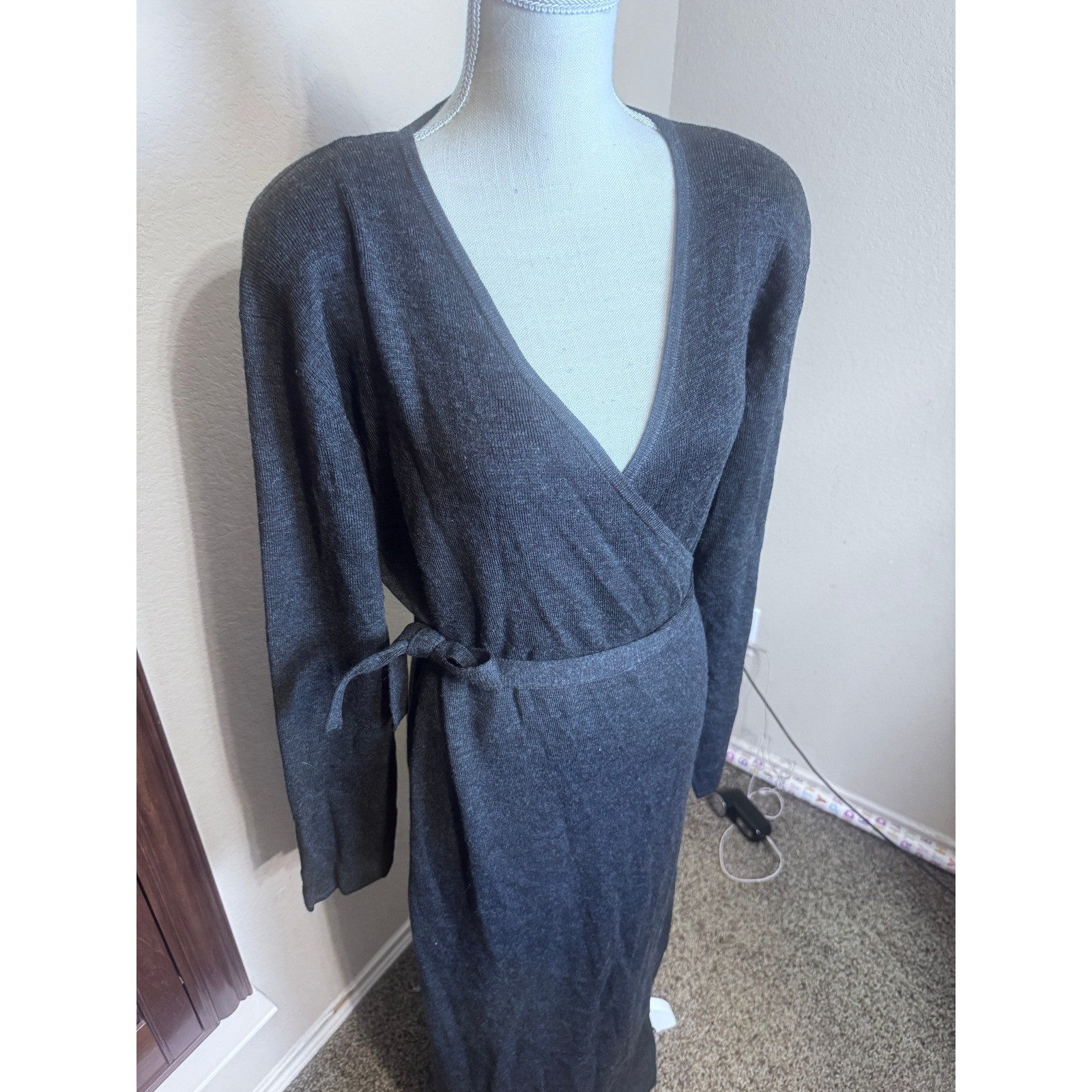 Marconi Vintage Sweater Wrap Dress XL Charcoal Gray Wool Blend Maxi Long Sleeve