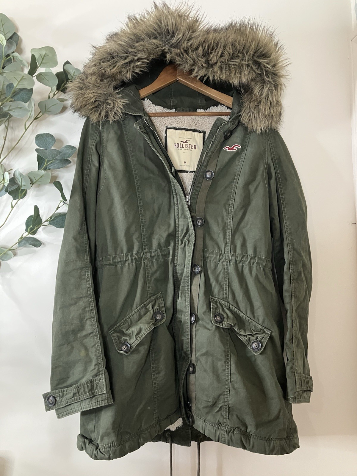 VTG Hollister Army Green Parka Jacket Sherpa Lined Womens M Y2K Faux Fur Hood
