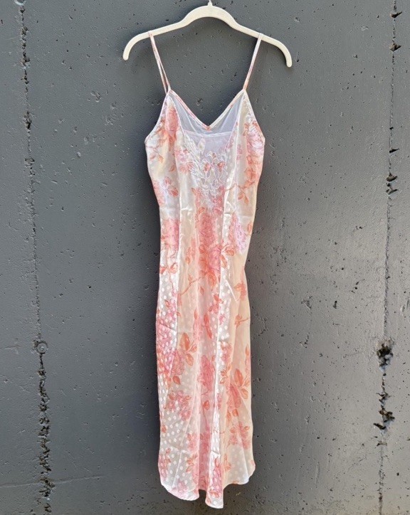 Y2k White and pink floral poka dot slip dress