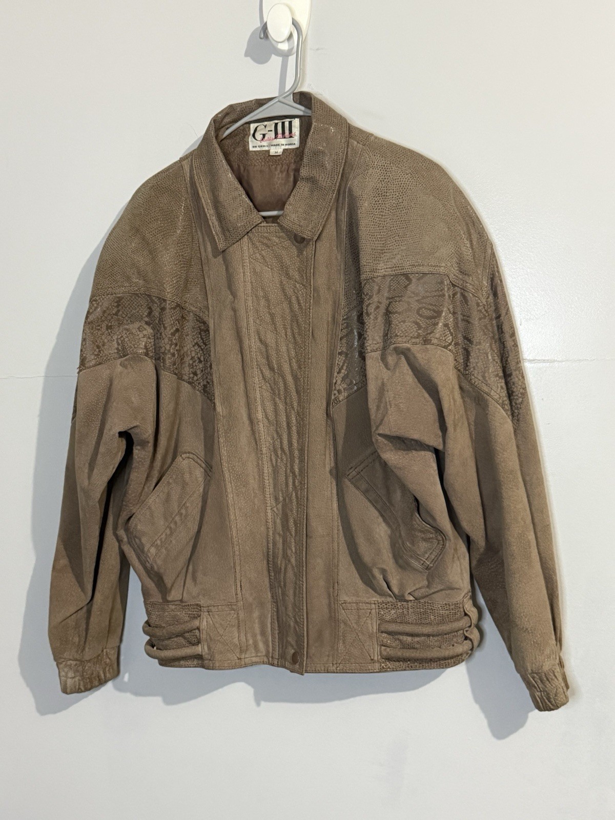 G-111 Vintage Tan Gray Leather Suede Snakeskin 90s Bomber Jacket Women’s Size M
