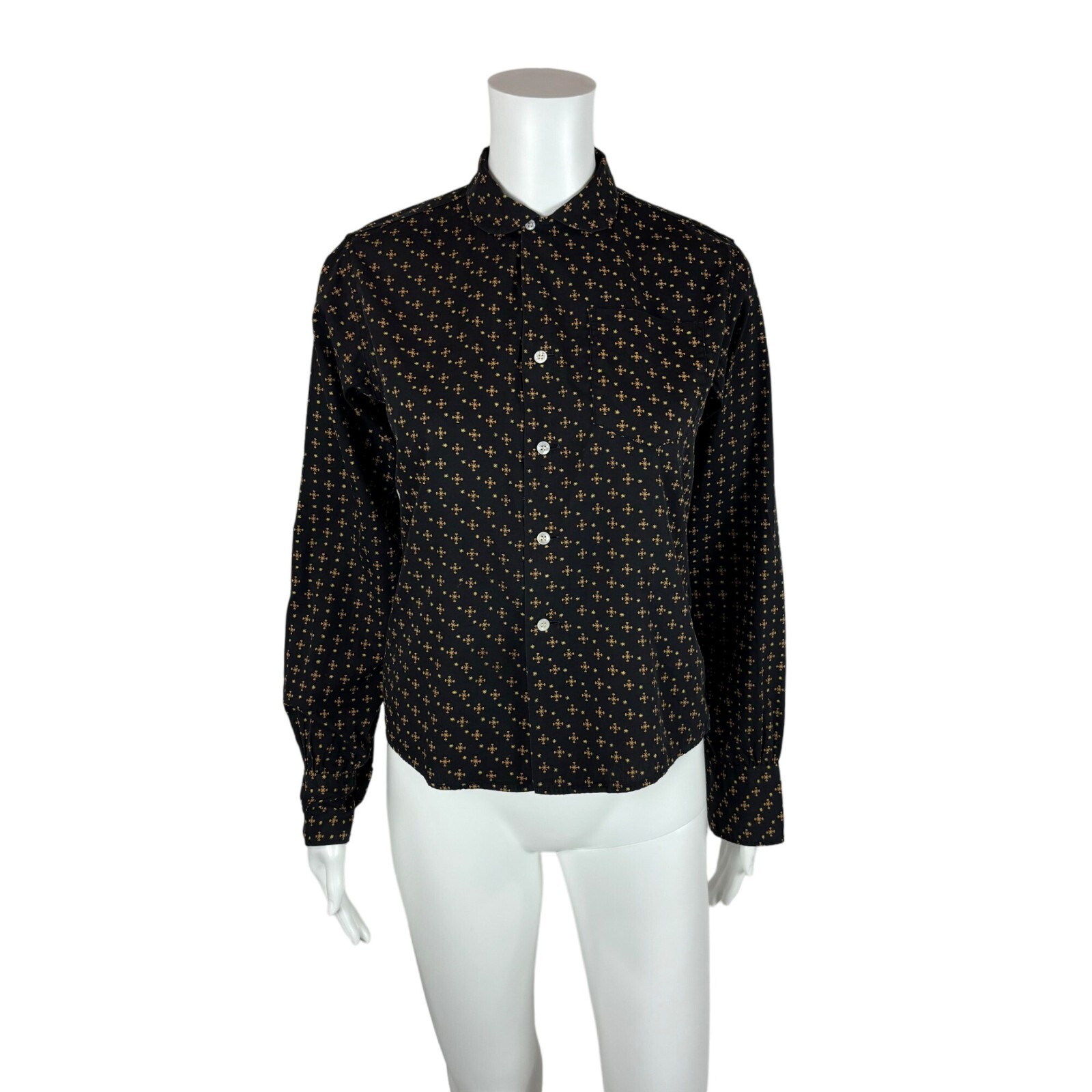 Vintage 50s Novelty Blouse Women’s Small Starburst Stars Print Black Yellow Top