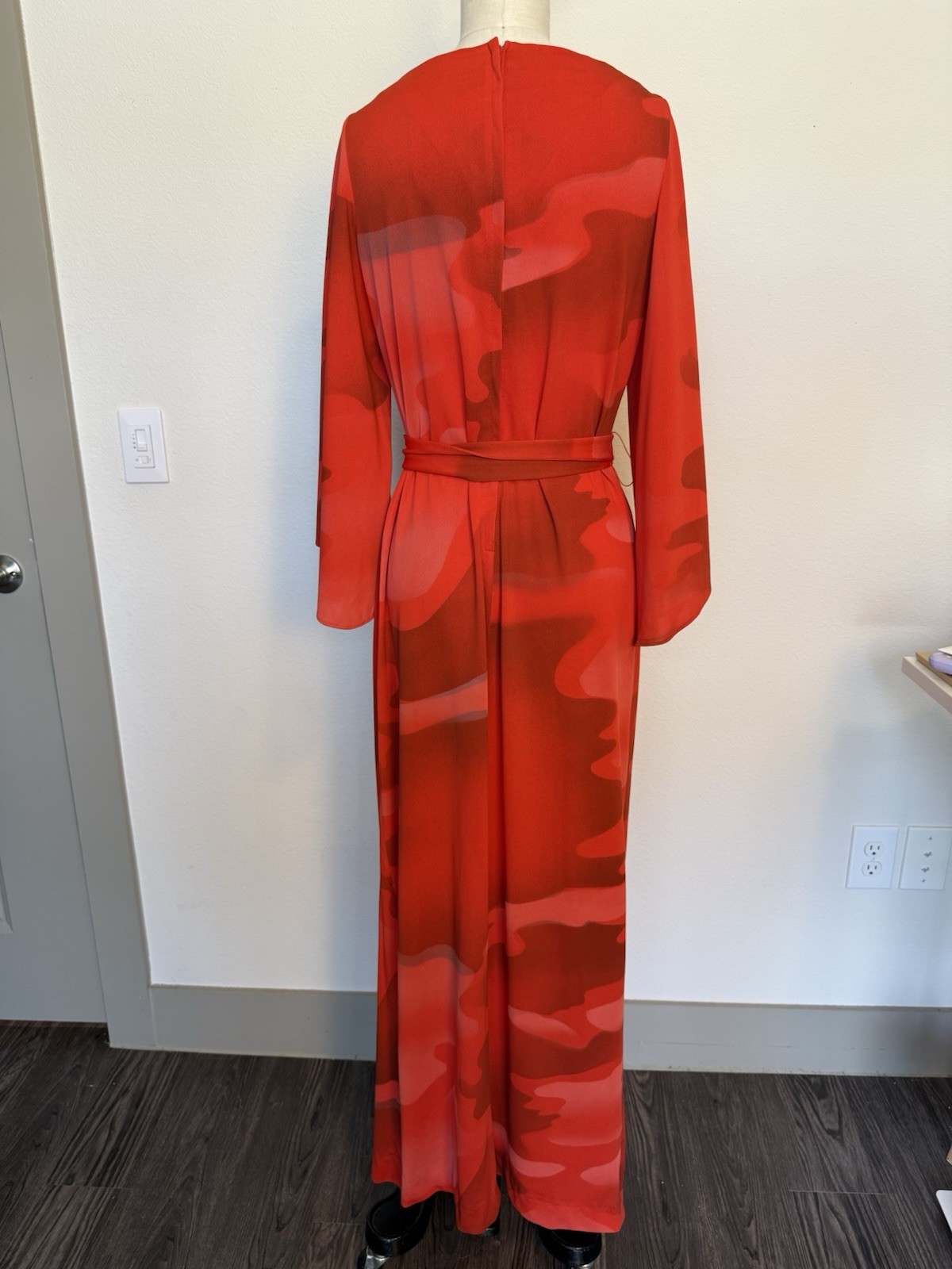 70s Solo San Francisco Red Watercolor Print Maxi Dress, Bell Sleeves, Size 13/14